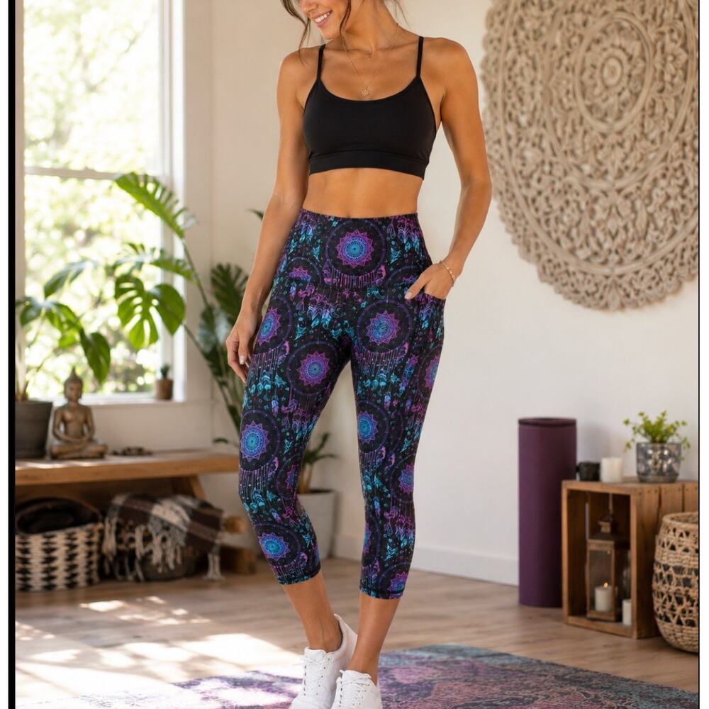 CVG Dreamcatcher Mandala Cropped Leggings XS Pockets Boho Yoga Activewear NWOT